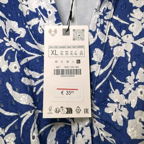 ZARA Womens Blue White Floral Embroidered Sleeveless Dress Size XL - Picture 12 of 15